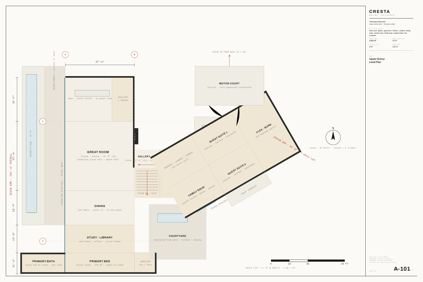 CRESTA, plan sheet A-101: the main level, one bar bent into a V.