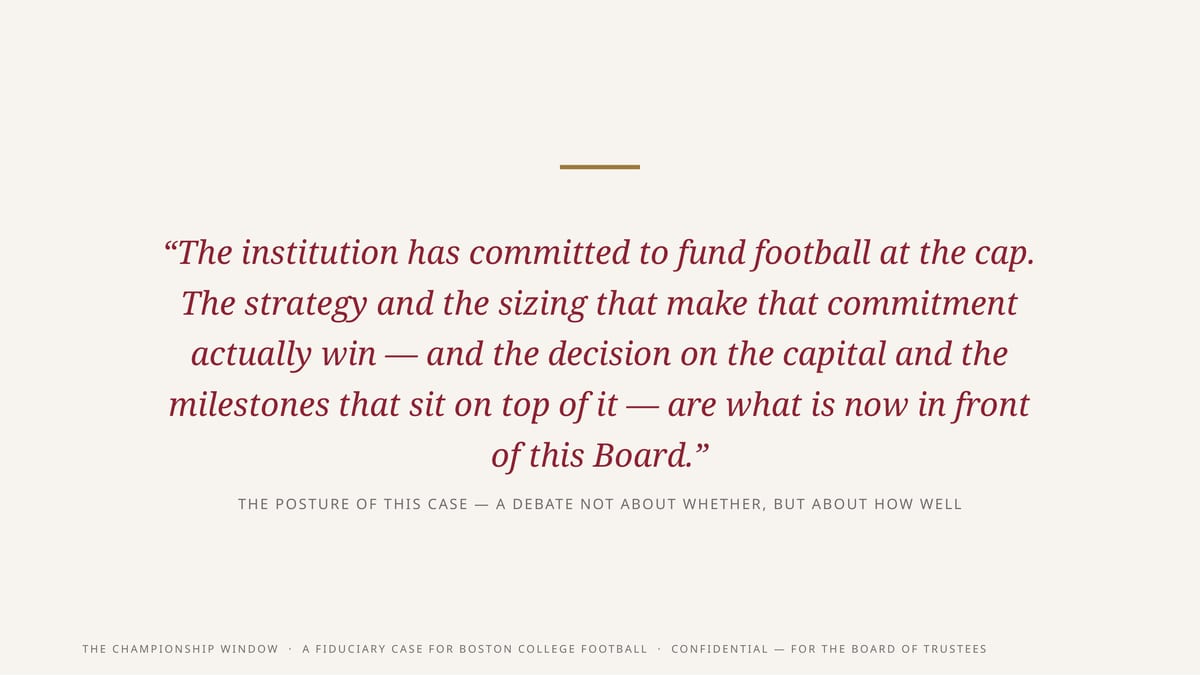 “The institution has committed to fund football at the cap. The strategy and the sizing that make that commitment actually win — and the decision on the capital and the milestones that sit on top of it — are what is now in front of this Board.” T H E P O S T U R E O F T H I S C A S E — A D E B AT E…