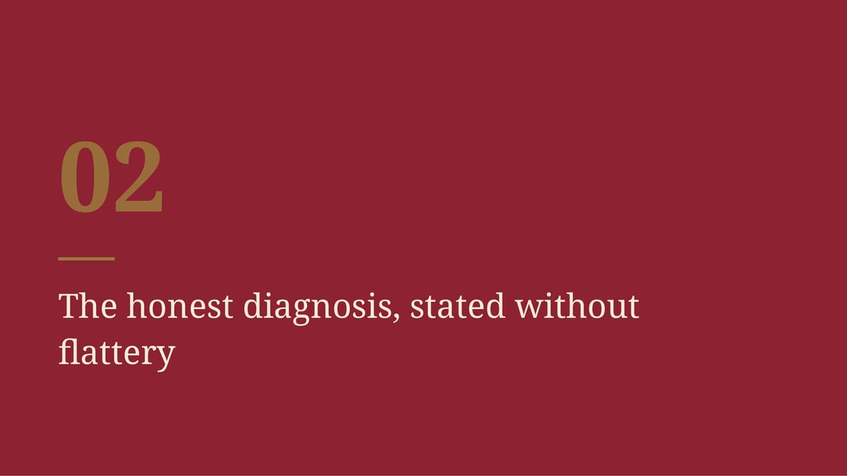 02 The honest diagnosis, stated without flattery