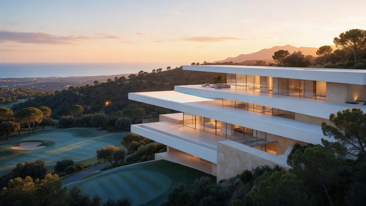 Render — the villa at dusk