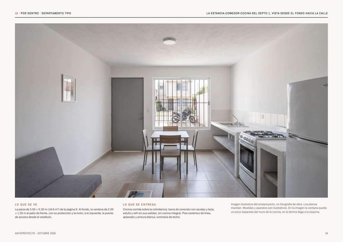 16 · POR DENTRO · DEPARTAMENTO TIPO LA ESTANCIA-COMEDOR-COCINA DEL DEPTO 1, VISTA DESDE EL FONDO HACIA LA CALLE LO QUE SE VE LO QUE SE ENTREGA La pieza de 3.50 × 5.30 m (18.6 m²) de la página 9. Al fondo, la ventana de 2.00 × 1.35 m al patio de frente, con su protección y la moto; a la izquierda,…