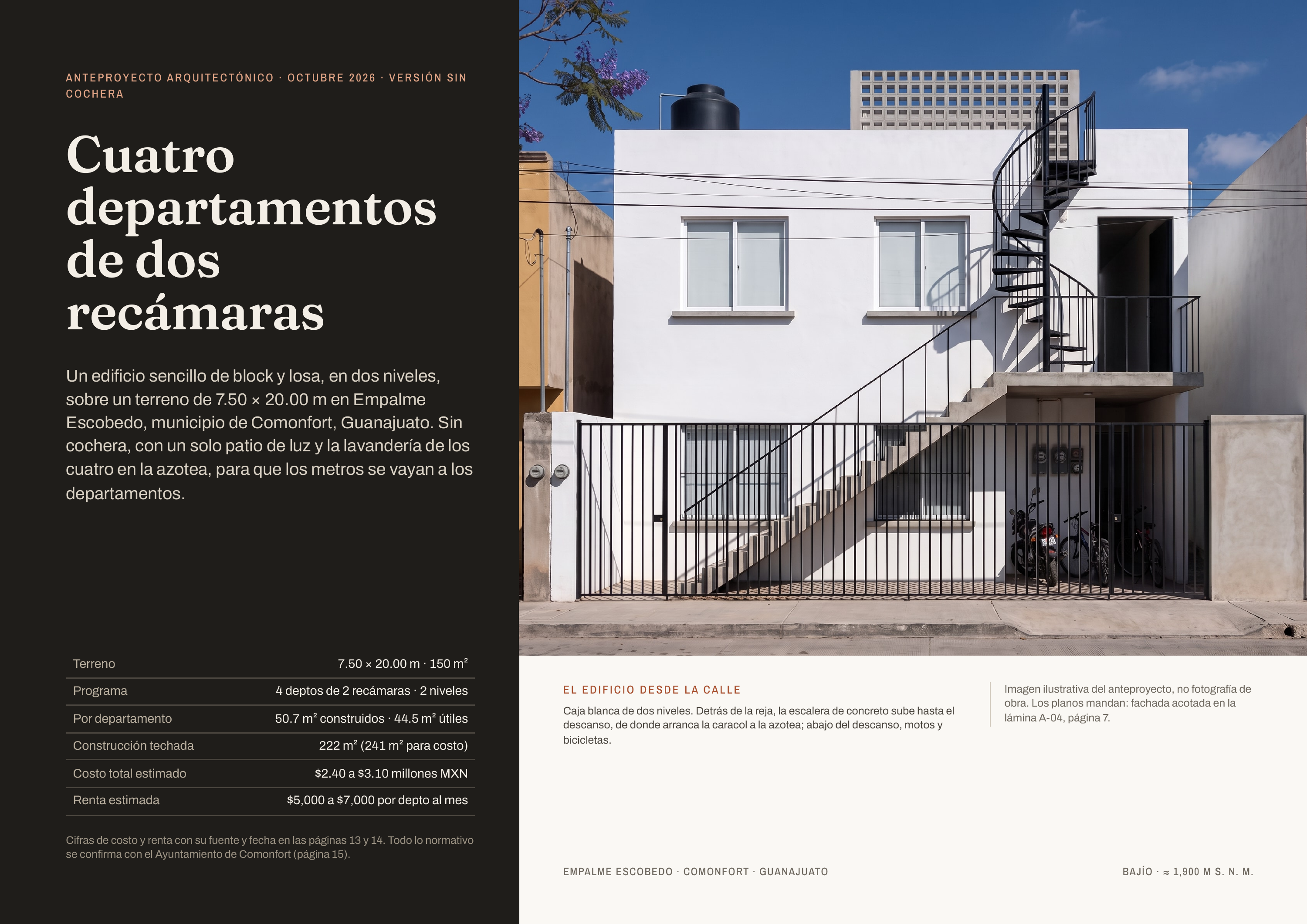 ANTEPROYECTO ARQUITECTÓNICO · OCTUBRE 2026 · VERSIÓN SIN COCHERA Cuatro departamentos de dos recámaras Un edificio sencillo de block y losa, en dos niveles, sobre un terreno de 7.50 × 20.00 m en Empalme Escobedo, municipio de Comonfort, Guanajuato. Sin cochera, con un solo patio de luz y la…