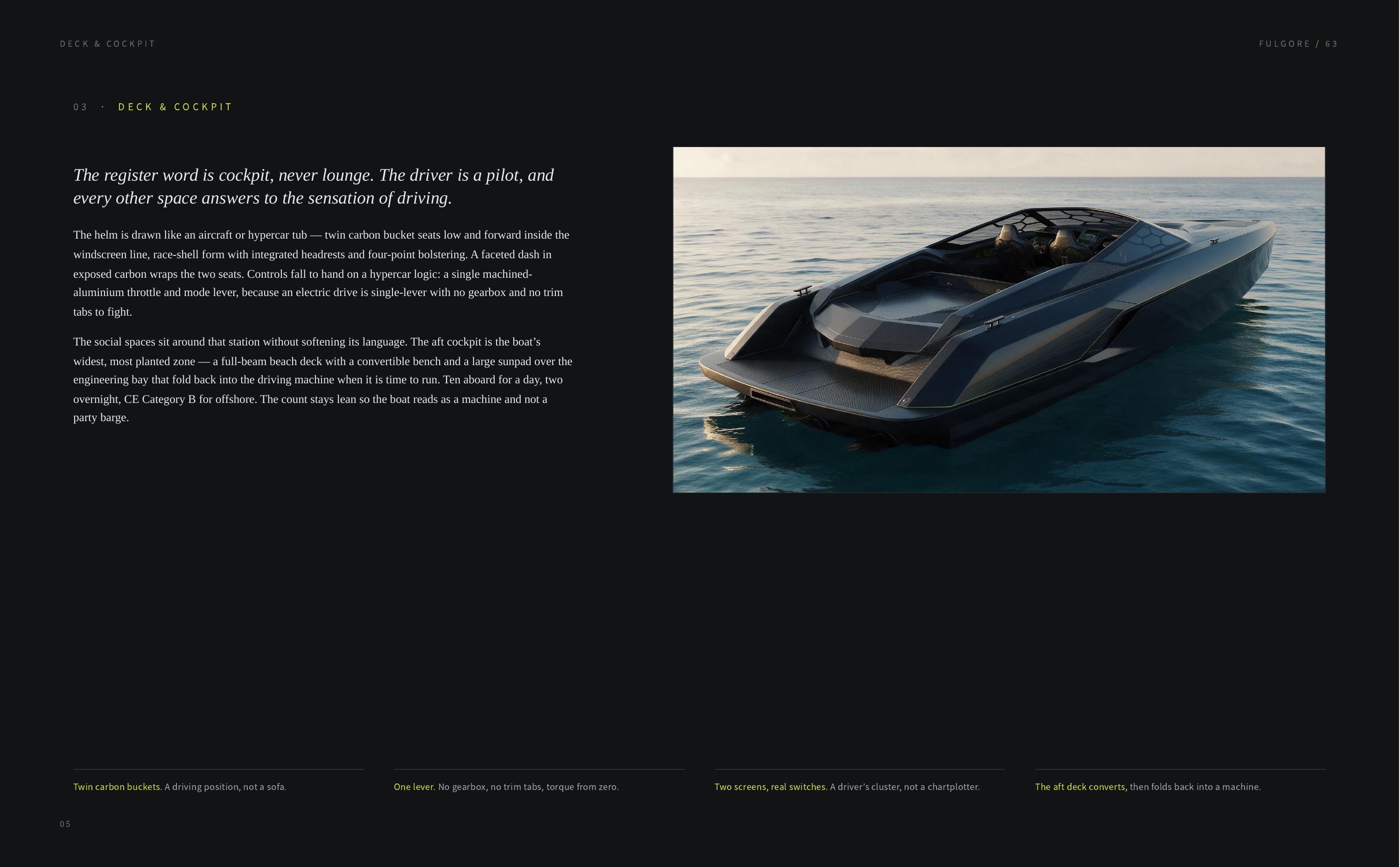 DECK & COCKPIT FULGORE / 63 03 · DECK & COCKPIT The register word is cockpit, never lounge. The driver is a pilot, and every other space answers to the sensation of driving. The helm is drawn like an aircraft or hypercar tub — twin carbon bucket seats low and forward inside the windscreen line,…