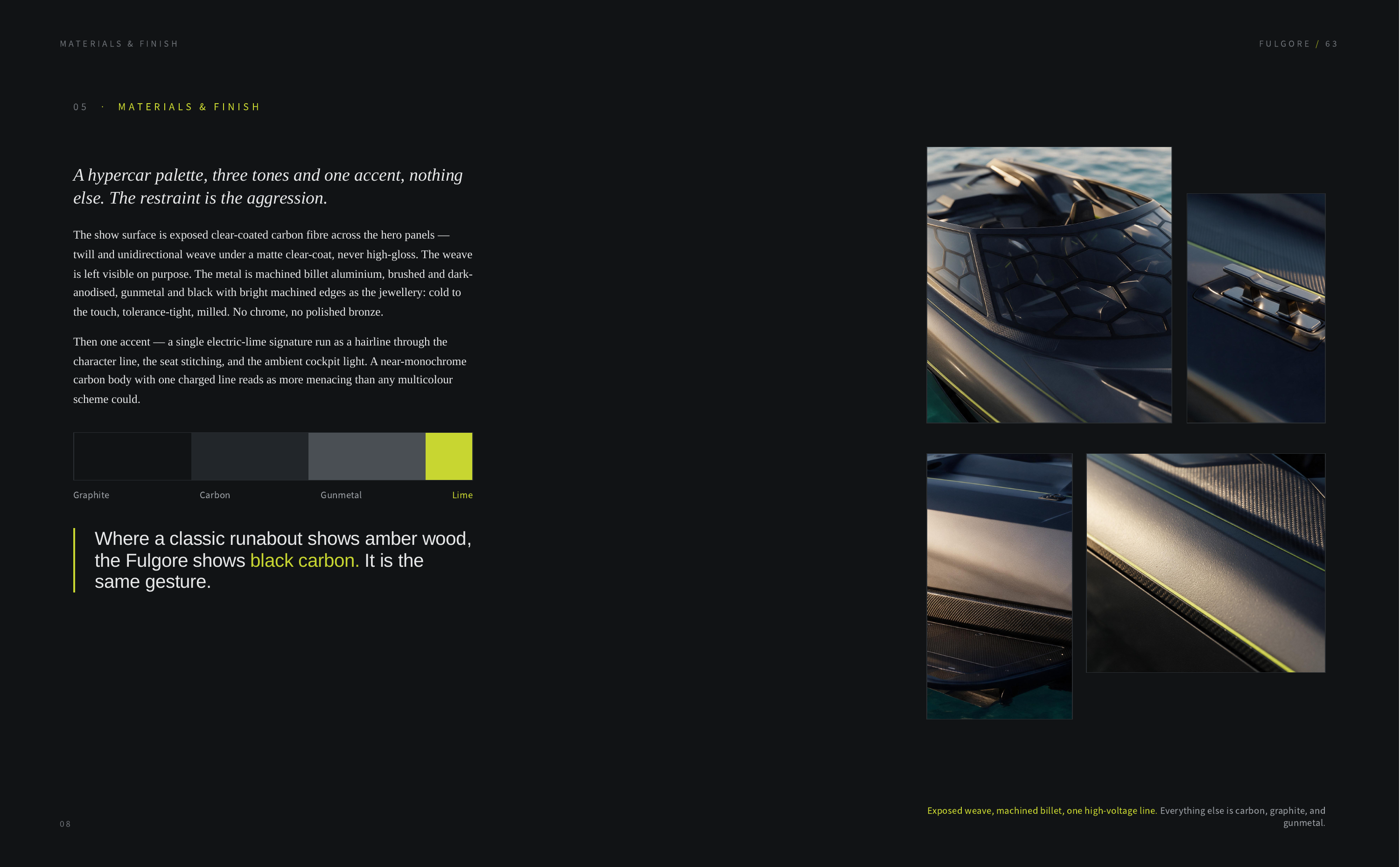 MATERIALS & FINISH FULGORE / 63 05 · MATERIALS & FINISH A hypercar palette, three tones and one accent, nothing else. The restraint is the aggression. The show surface is exposed clear-coated carbon fibre across the hero panels — twill and unidirectional weave under a matte clear-coat, never…