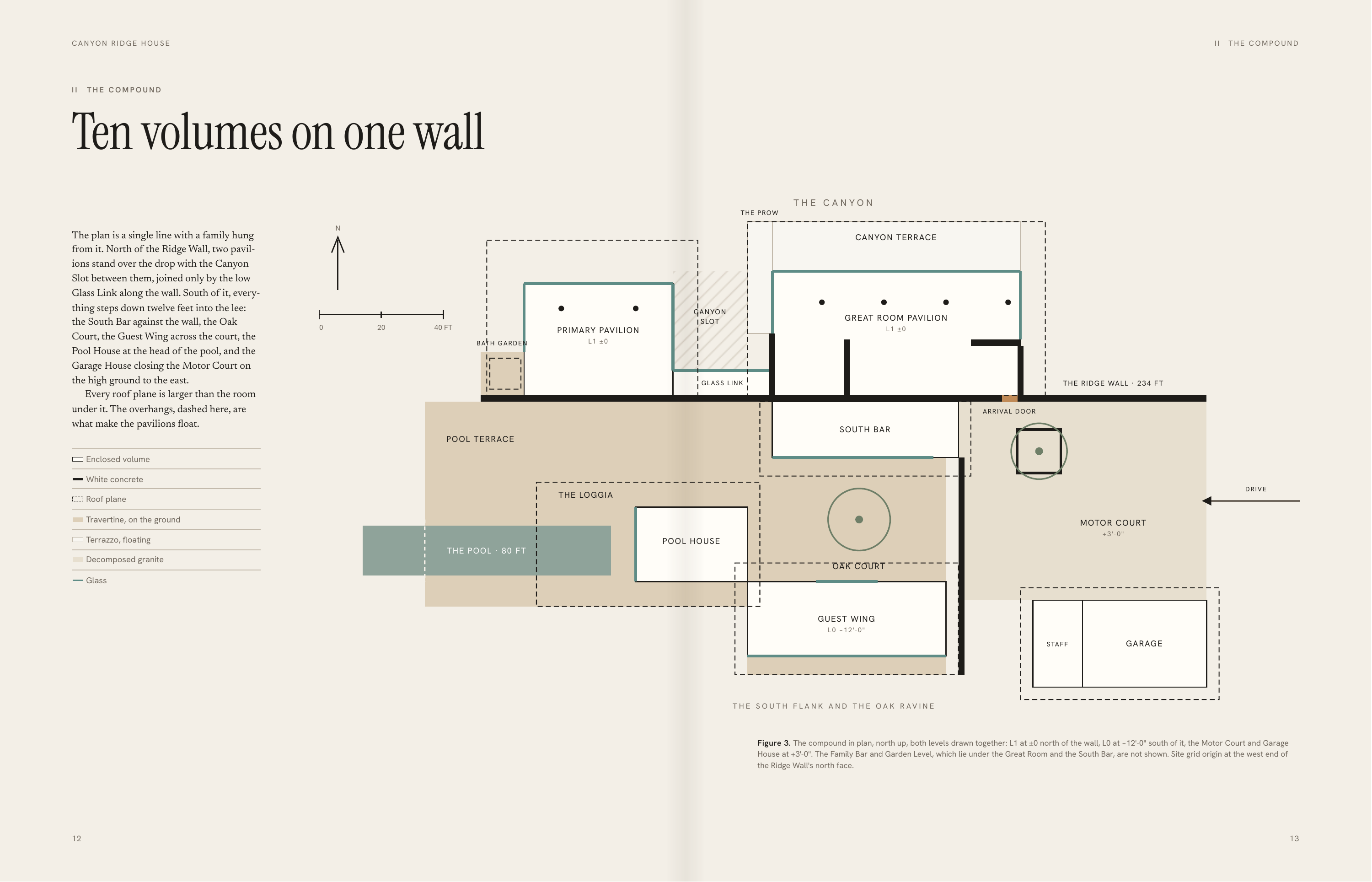C A N YO N R I D G E H O U S E II II THE COMPOUND THE COMPOUND Ten volumes on one wall T H E P R OW The plan is a single line with a family hung from it. North of the Ridge Wall, two pavil‐ ions stand over the drop with the Canyon Slot between them, joined only by the low Glass Link along the wall.…