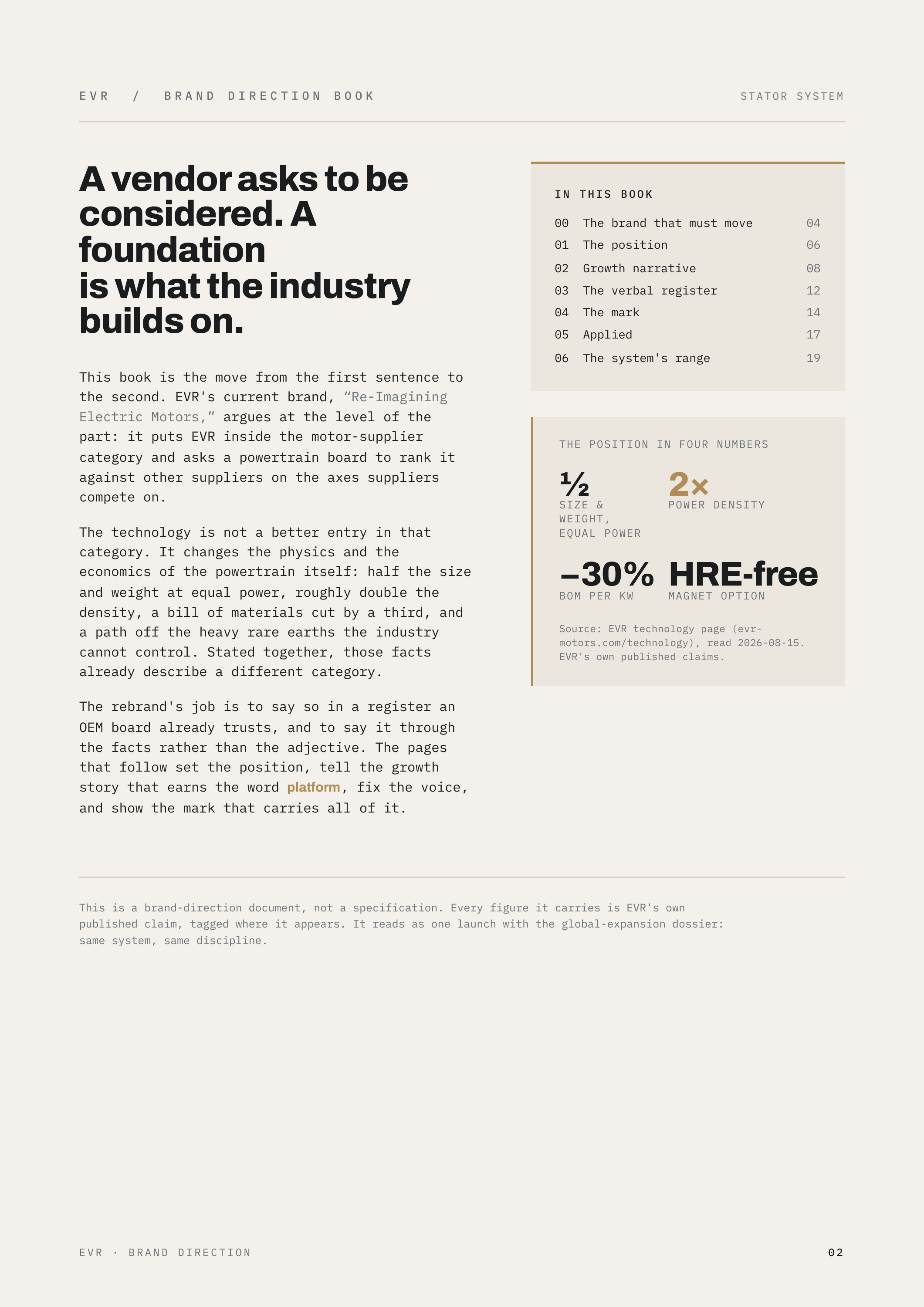 EVR / BRAND DIRECTION BOOK A vendor asks to be considered. A foundation is what the industry builds on. This book is the move from the first sentence to the second. EVR's current brand, “Re-Imagining Electric Motors,” argues at the level of the part: it puts EVR inside the motor-supplier category…