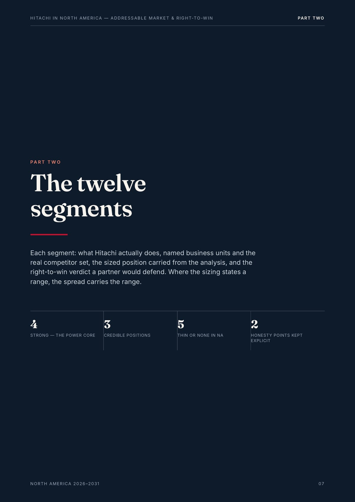 H I TAC H I I N N O R T H A M E R I CA — A D D R E S S A B L E M A R K E T & R I G H T-TO -W I N PA R T T WO PA R T T W O The twelve segments Each segment: what Hitachi actually does, named business units and the real competitor set, the sized position carried from the analysis, and the…