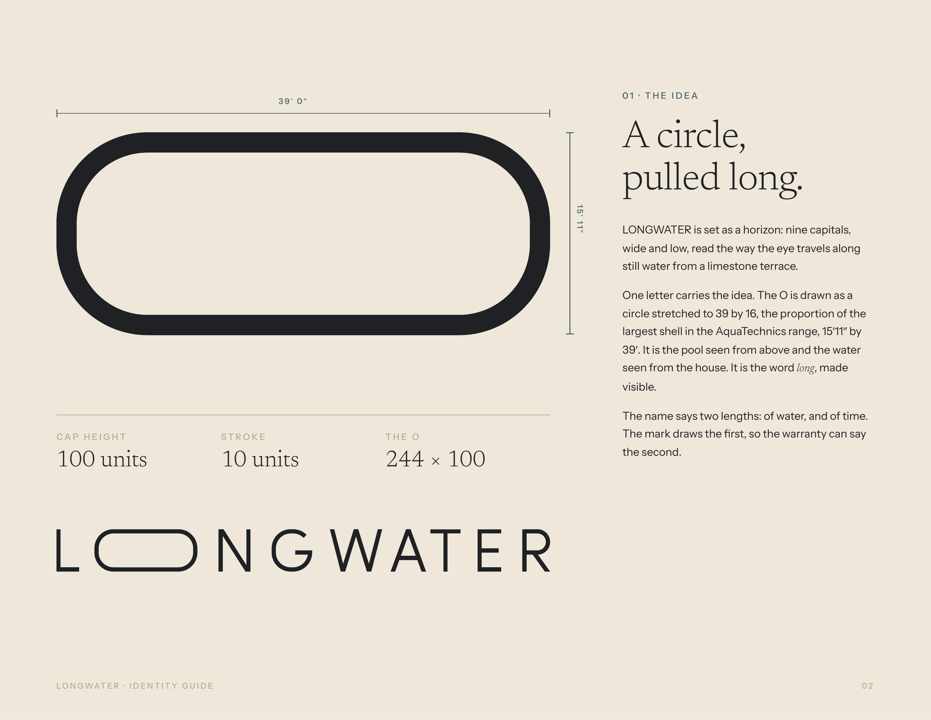 01 · THE IDEA 39′ 0″ A circle, pulled long. 15′ 11″ LONGWATER is set as a horizon: nine capitals, wide and low, read the way the eye travels along still water from a limestone terrace. One letter carries the idea. The O is drawn as a circle stretched to 39 by 16, the proportion of the largest shell…