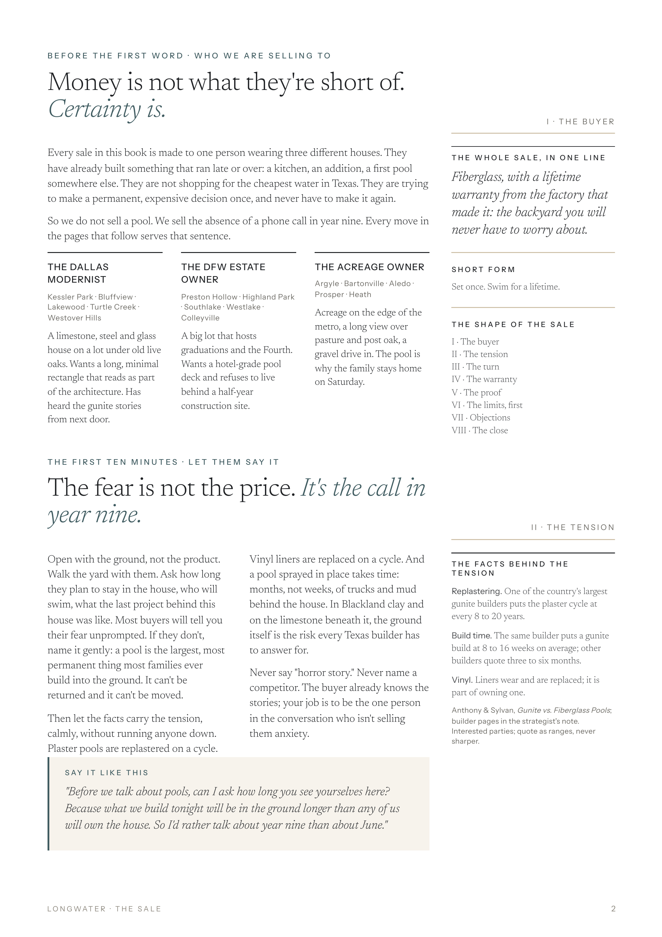 BEFORE THE FIRST WORD · WHO WE ARE SELLING TO Money is not what they're short of. Certainty is. Every sale in this book is made to one person wearing three different houses. They have already built something that ran late or over: a kitchen, an addition, a first pool somewhere else. They are not…