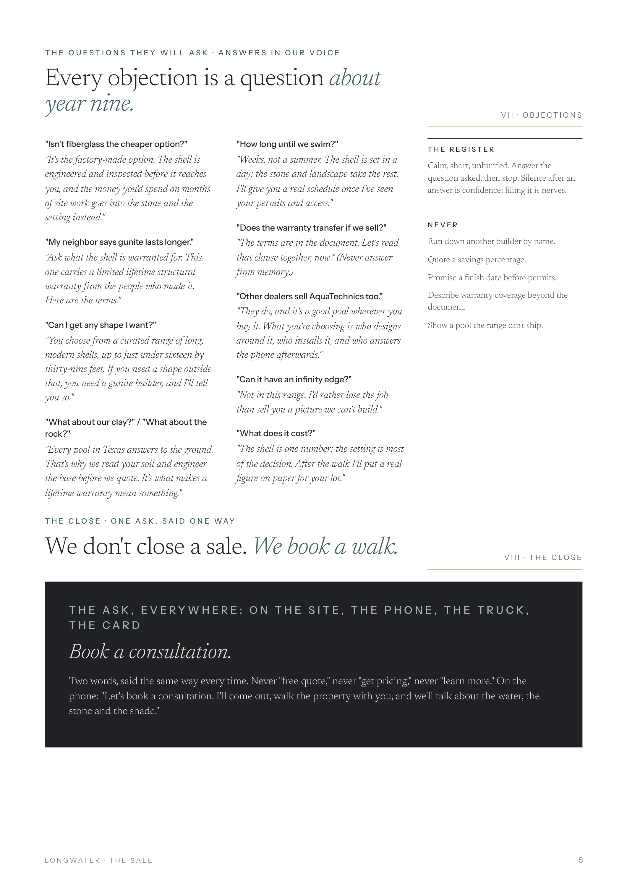 THE QUESTIONS THEY WILL ASK · ANSWERS IN OUR VOICE Every objection is a question about year nine. V I I · O BJ ECT I O N S "Isn't fiberglass the cheaper option?" "How long until we swim?" "It's the factory-made option. The shell is engineered and inspected before it reaches you, and the money you'd…