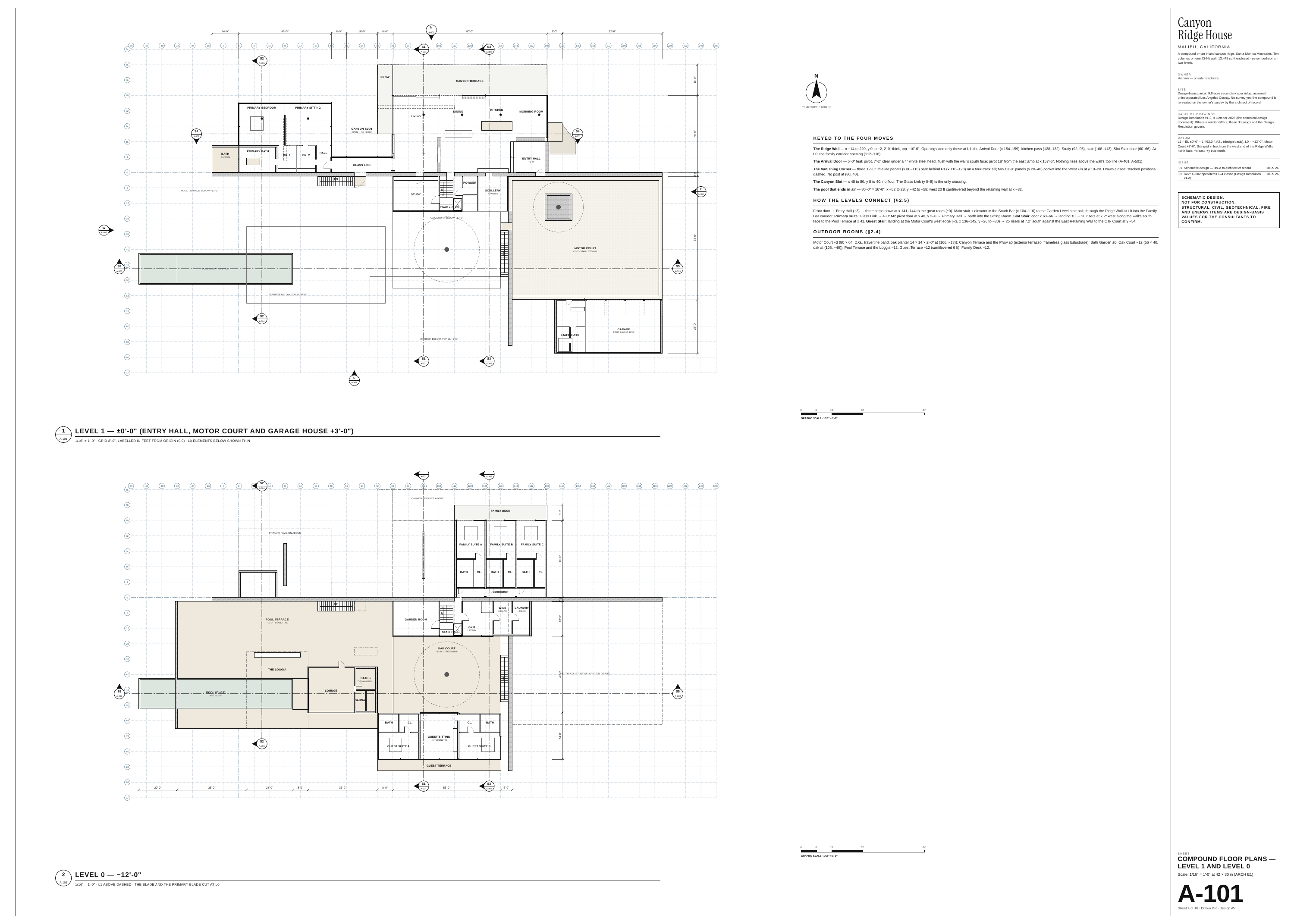 Canyon Ridge House N 14'-0" -56 -48 -40 -32 -24 -16 -8 48'-0" 0 8 16 24 8'-0" 32 40 48 16'-0" 56 64 8'-0" 72 80'-0" A-401 80 88 96 S1 64 104 112 8'-0" 120 128 A-301 136 S3 144 152 160 52'-0" 168 176 184 192 200 208 216 224 232 240 248 MALIBU, CALIFORNIA A-302 A compound on an inland canyon ridge,…