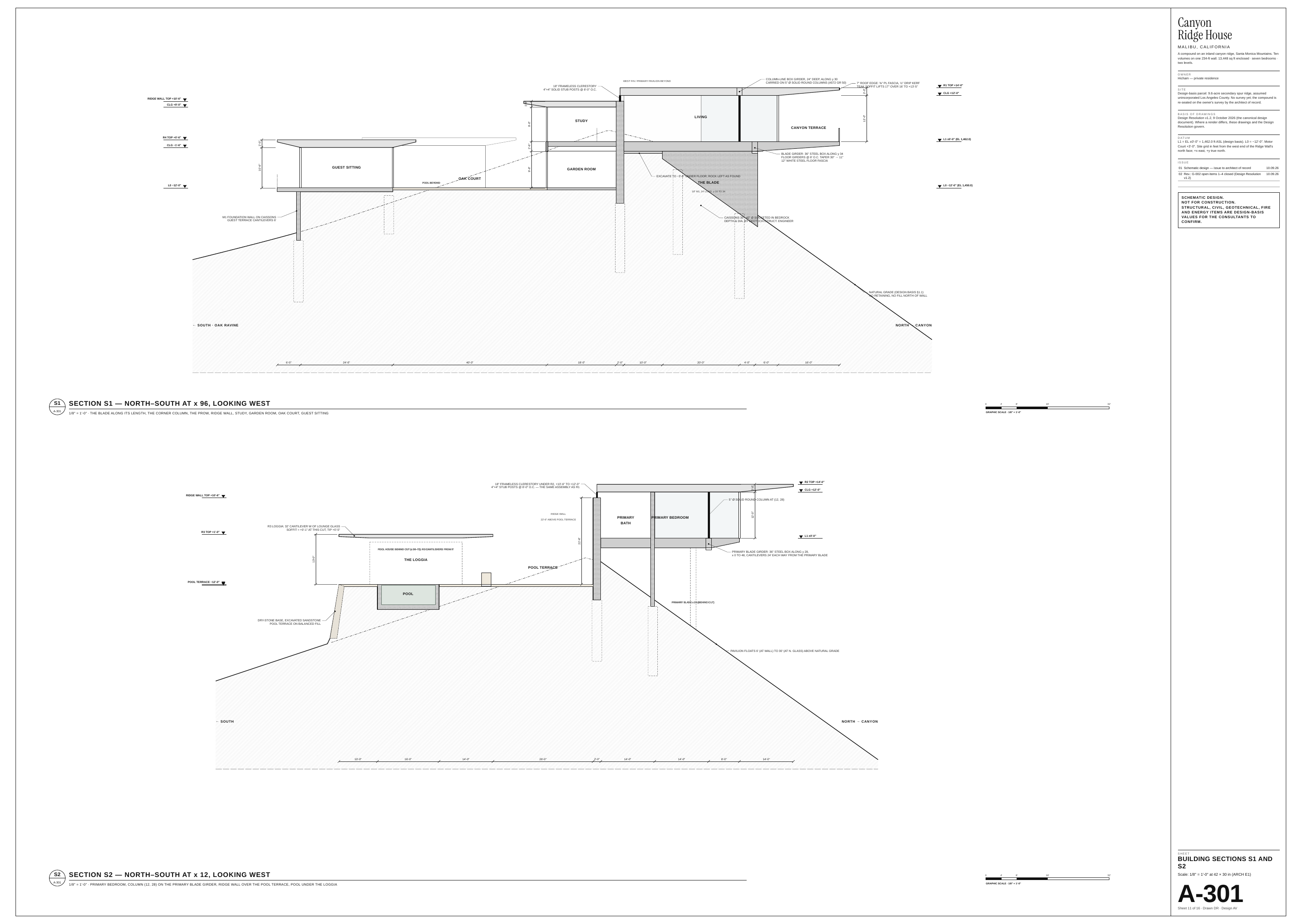 Canyon Ridge House MALIBU, CALIFORNIA A compound on an inland canyon ridge, Santa Monica Mountains. Ten volumes on one 234-ft wall. 13,448 sq ft enclosed · seven bedrooms · two levels. OWNER COLUMN-LINE BOX GIRDER, 24" DEEP, ALONG y 30 CARRIED ON 5" Ø SOLID ROUND COLUMNS (A572 GR 50) WEST FIN /…