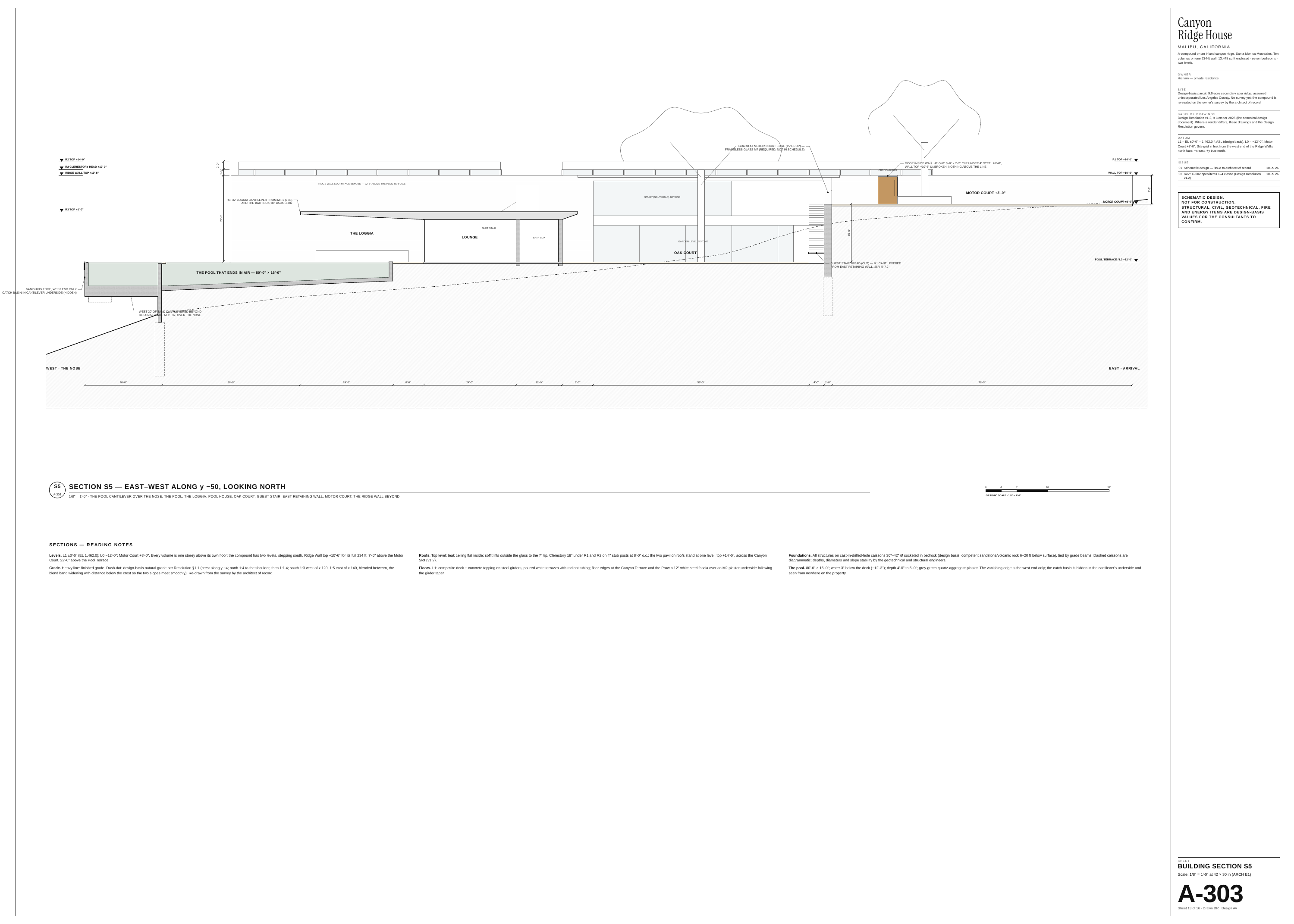 Canyon Ridge House MALIBU, CALIFORNIA A compound on an inland canyon ridge, Santa Monica Mountains. Ten volumes on one 234-ft wall. 13,448 sq ft enclosed · seven bedrooms · two levels. OWNER Hicham — private residence SITE Design-basis parcel: 9.6-acre secondary spur ridge, assumed unincorporated…