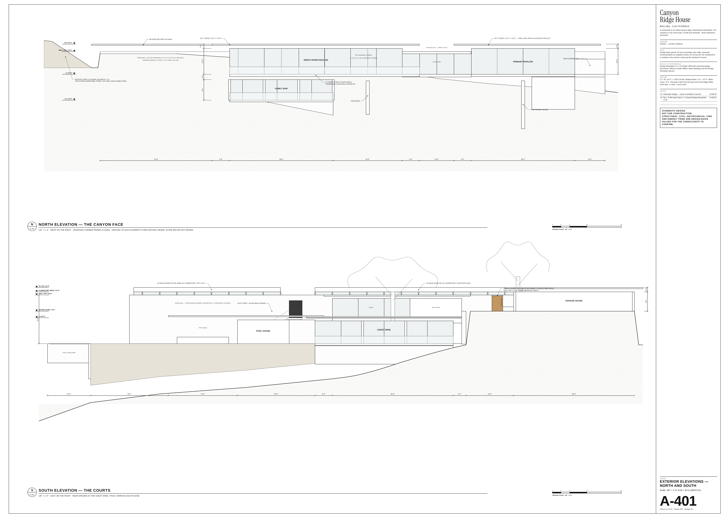 Canyon Ridge House MALIBU, CALIFORNIA A compound on an inland canyon ridge, Santa Monica Mountains. Ten volumes on one 234-ft wall. 13,448 sq ft enclosed · seven bedrooms · two levels. R1 7" EDGE +13'-5" / +14'-0" R6 EDGE BEYOND THE WALL R2 7" EDGE +13'-5" / +14'-0" — ONE LEVEL WITH R1 ACROSS THE…