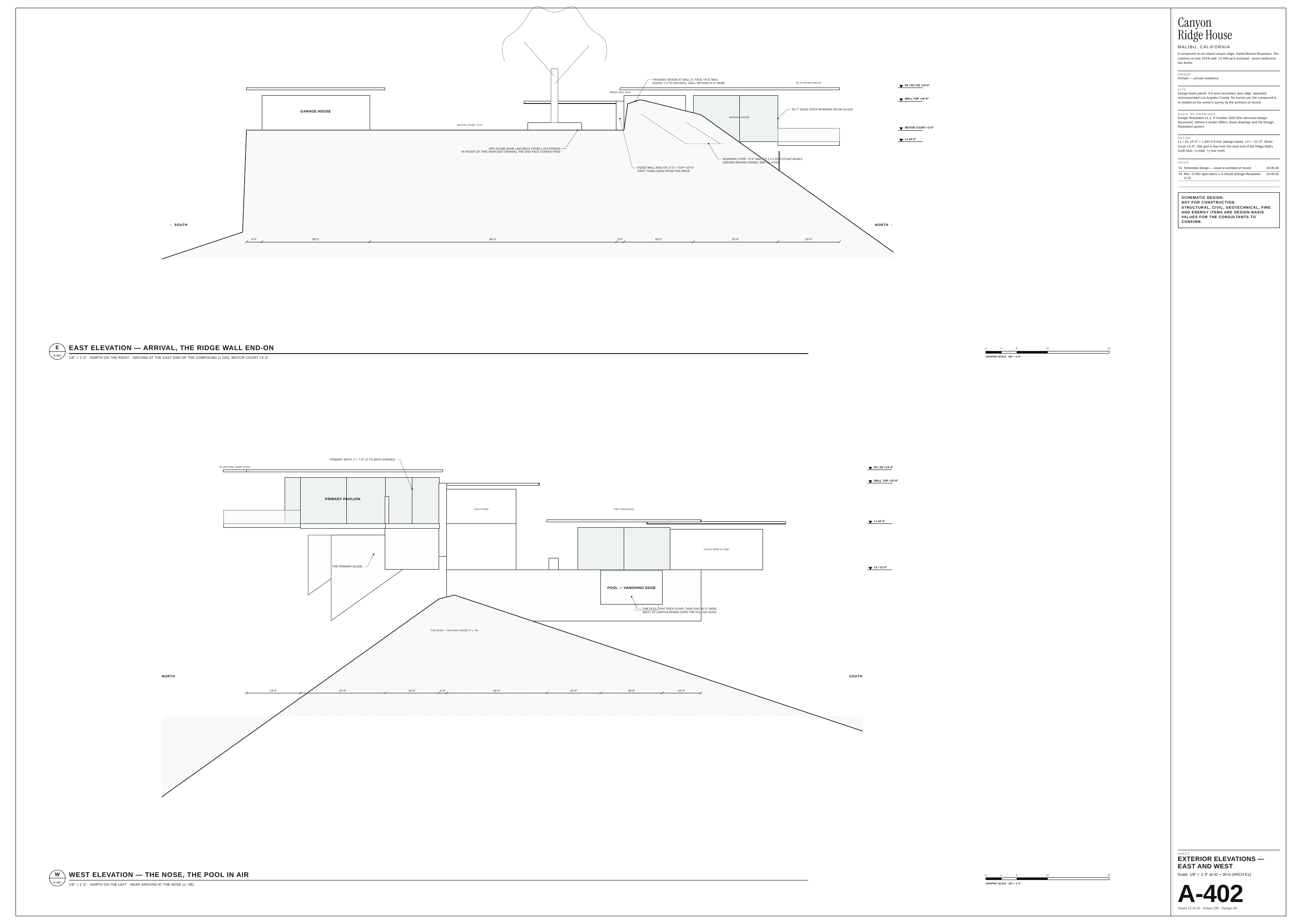 Canyon Ridge House MALIBU, CALIFORNIA A compound on an inland canyon ridge, Santa Monica Mountains. Ten volumes on one 234-ft wall. 13,448 sq ft enclosed · seven bedrooms · two levels. OWNER Hicham — private residence FINISHED GRADE AT WALL N. FACE +9'-6" MAX, RISING 1:3 TO NATURAL; WALL RETAINS…