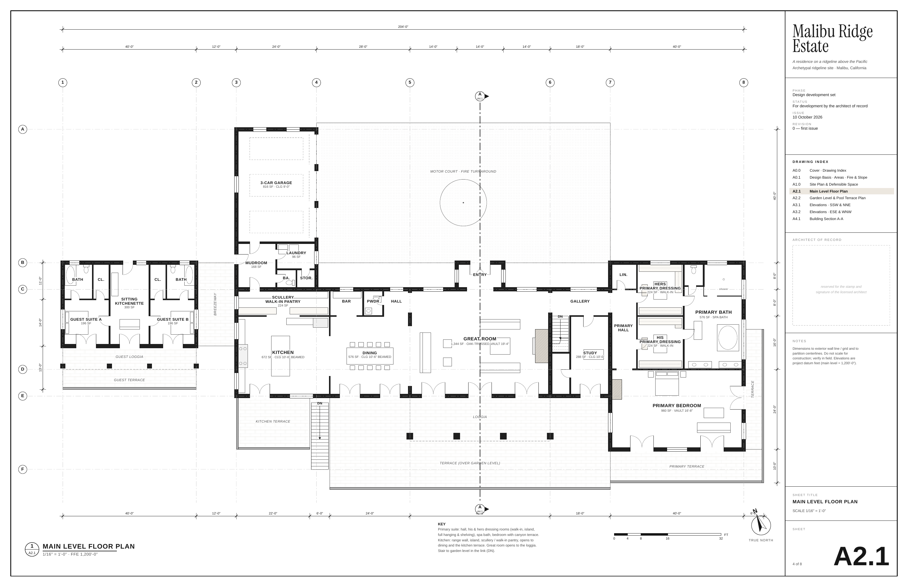 Malibu Ridge Estate 204'-0" 40'-0" 12'-0" 24'-0" 28'-0" 14'-0" 14'-0" 14'-0" 18'-0" 40'-0" A residence on a ridgeline above the Pacific Archetypal ridgeline site · Malibu, California 1 2 3 4 5 6 7 8 PHASE A Design development set A4.1 S TAT U S For development by the architect of record ISSUE 10…