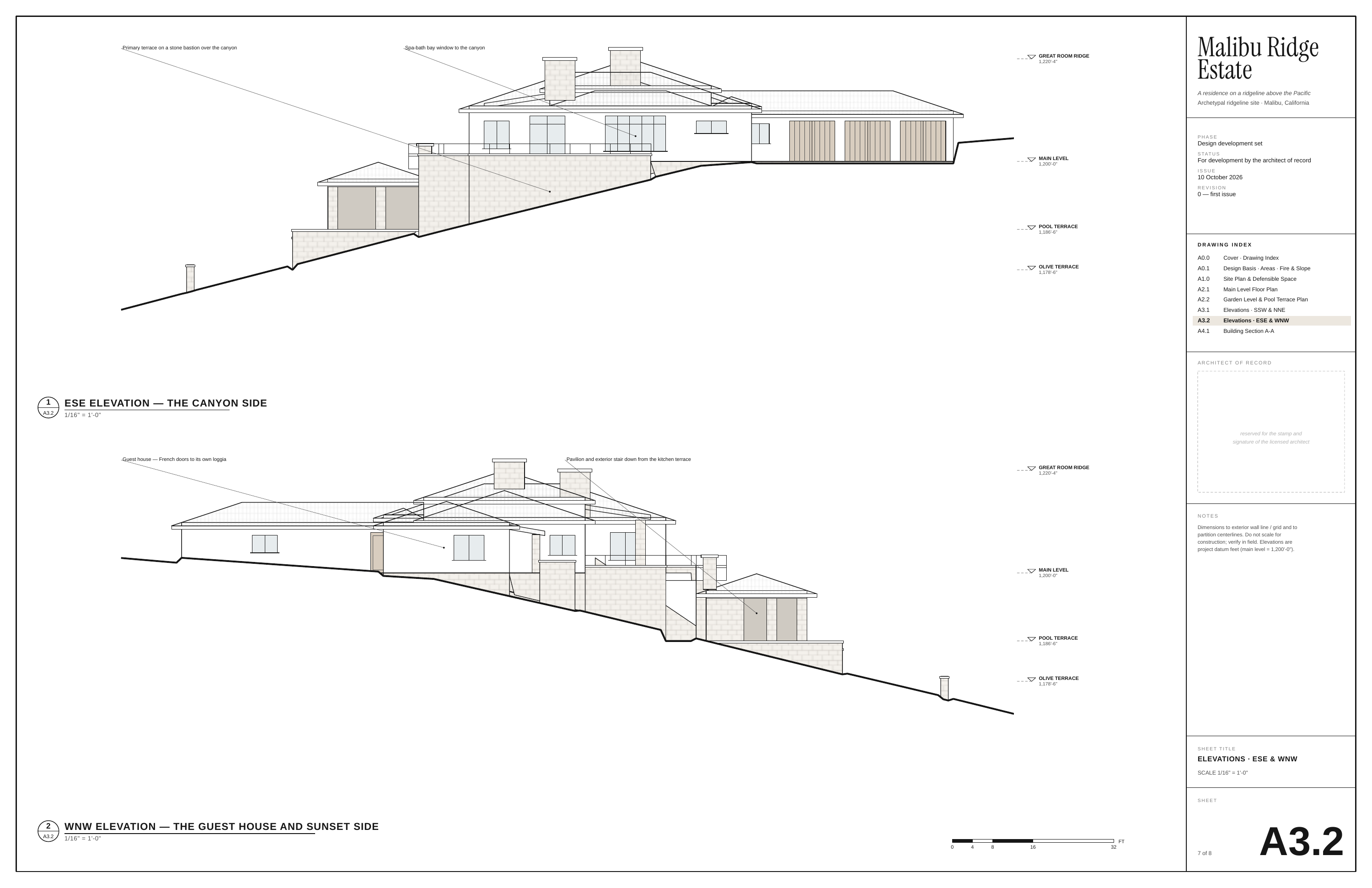 Primary terrace on a stone bastion over the canyon Malibu Ridge Estate Spa-bath bay window to the canyon GREAT ROOM RIDGE 1,220'-4" A residence on a ridgeline above the Pacific Archetypal ridgeline site · Malibu, California PHASE Design development set S TAT U S MAIN LEVEL 1,200'-0" For development…