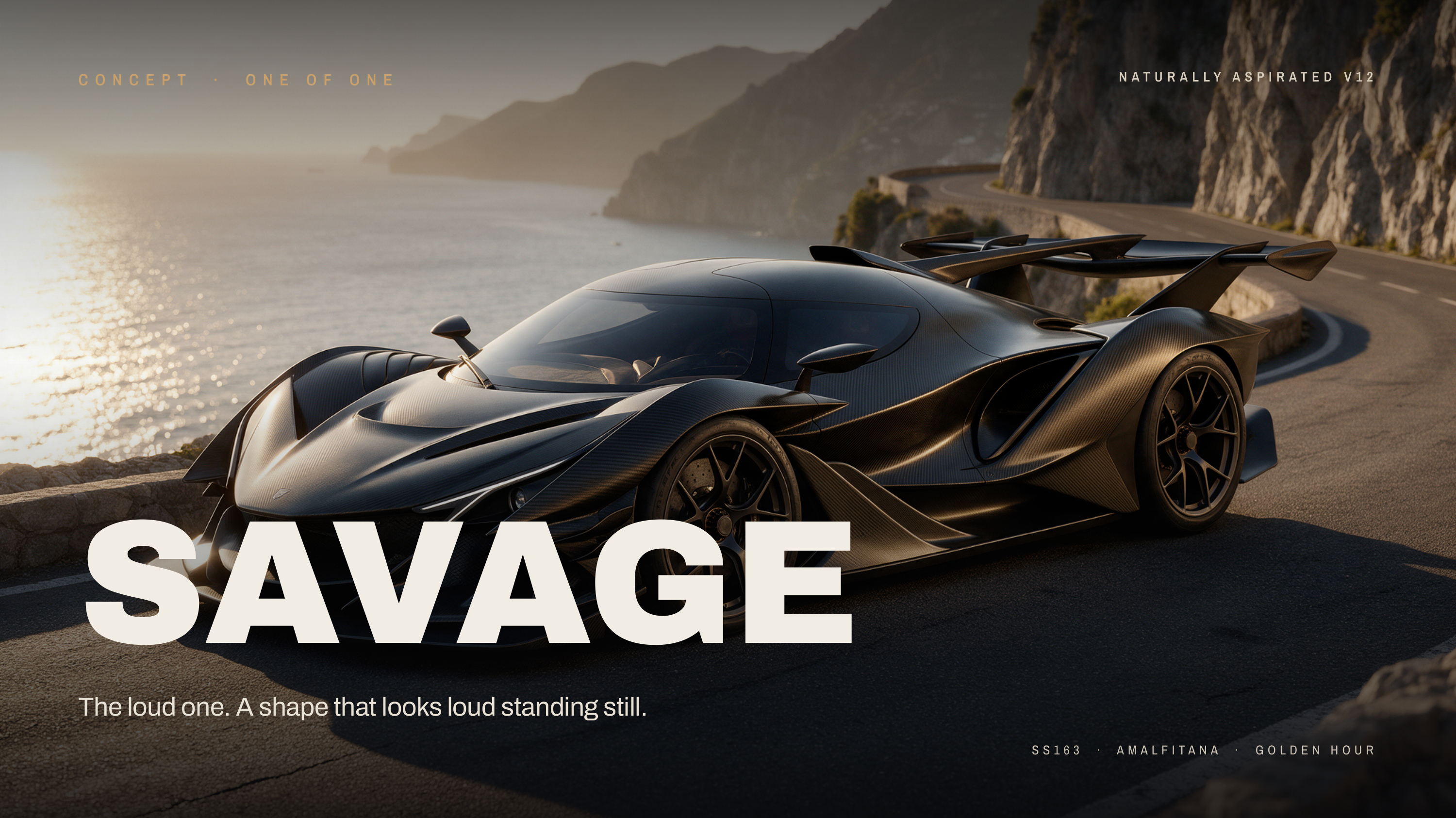 C O N C E P T · O N E O F NATURALLY ASPIRATED V12 O N E SAVAGE The loud one. A shape that looks loud standing still. SS163 · AMALFITANA · GOLDEN HOUR