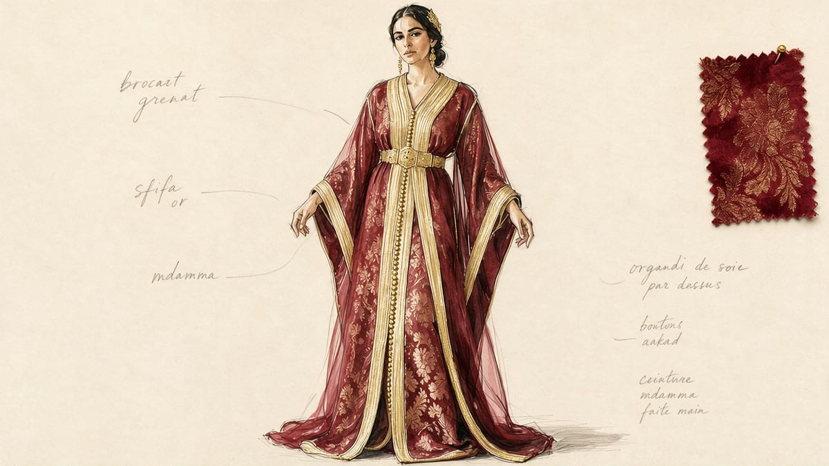 Kaftan A — the croquis (oxblood takchita)