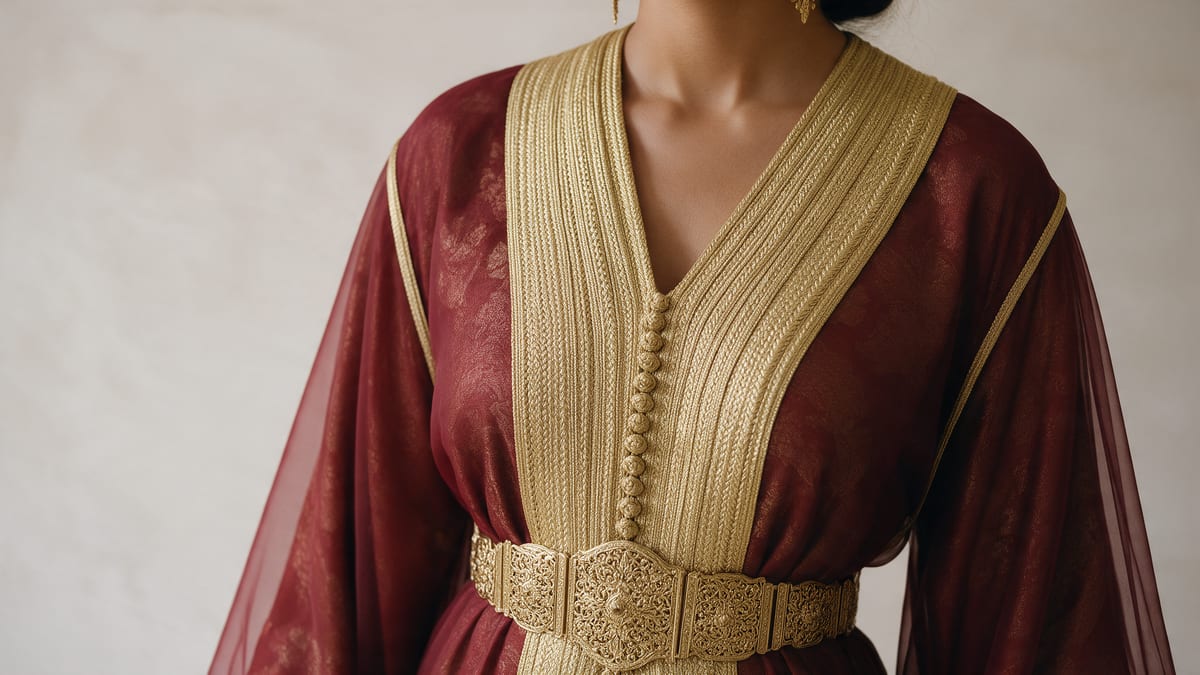 Kaftan A — the detail (sfifa, mdamma, brocade)