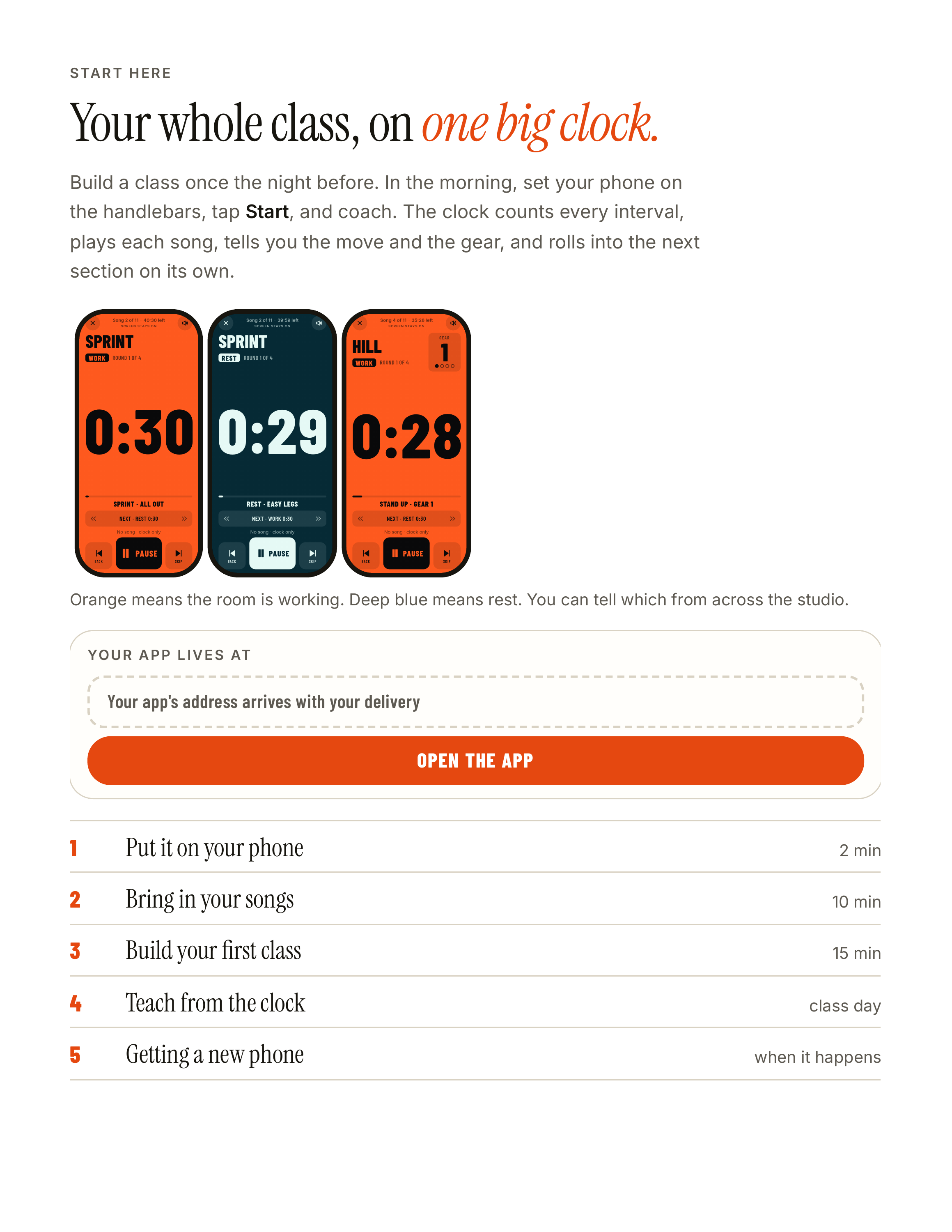 S TA R T H E R E Your whole class, on one big clock. Build a class once the night before. In the morning, set your phone on the handlebars, tap Start, and coach. The clock counts every interval, plays each song, tells you the move and the gear, and rolls into the next section on its own. Orange…