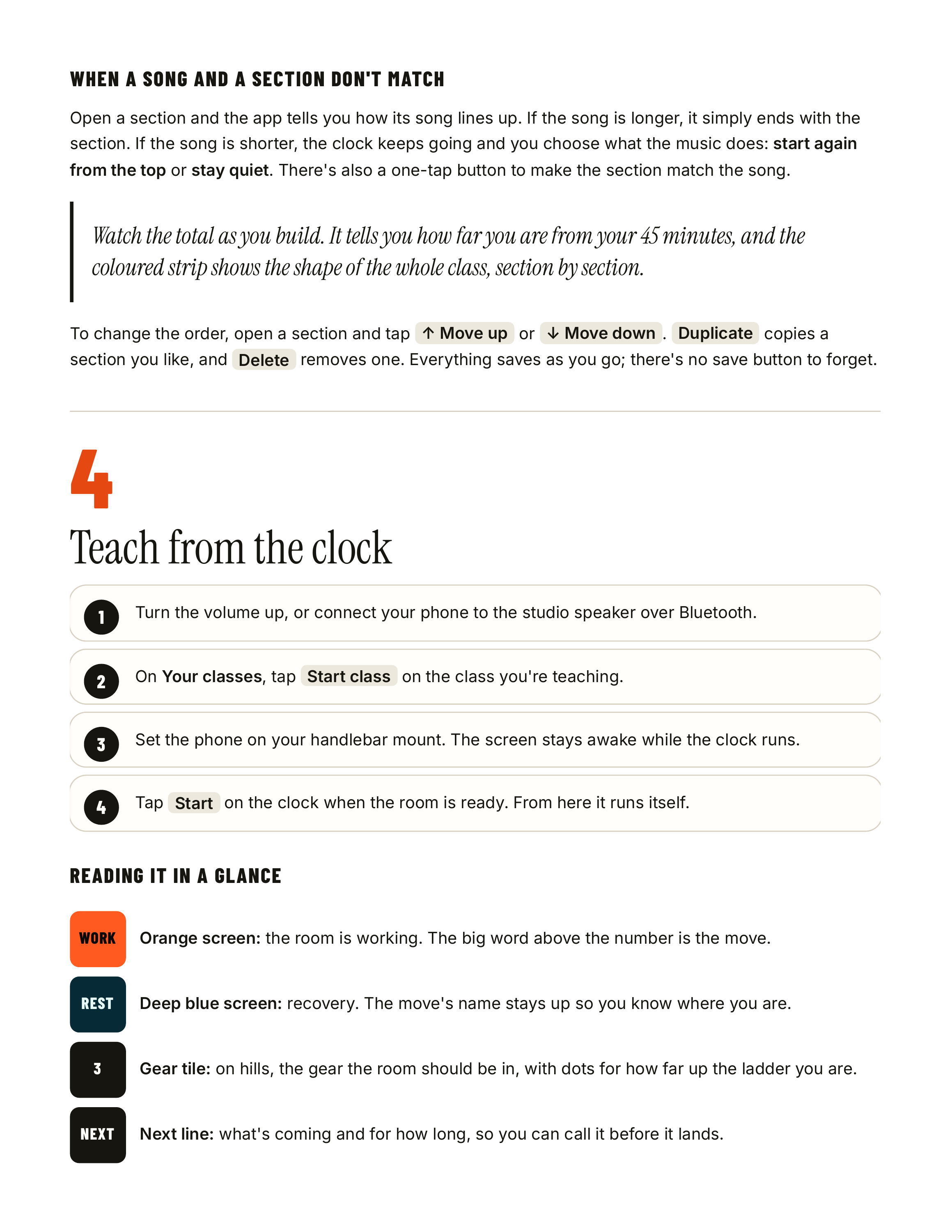 WHEN A SONG AND A SECTION DON'T MATCH Open a section and the app tells you how its song lines up. If the song is longer, it simply ends with the section. If the song is shorter, the clock keeps going and you choose what the music does: start again from the top or stay quiet. There's also a one-tap…