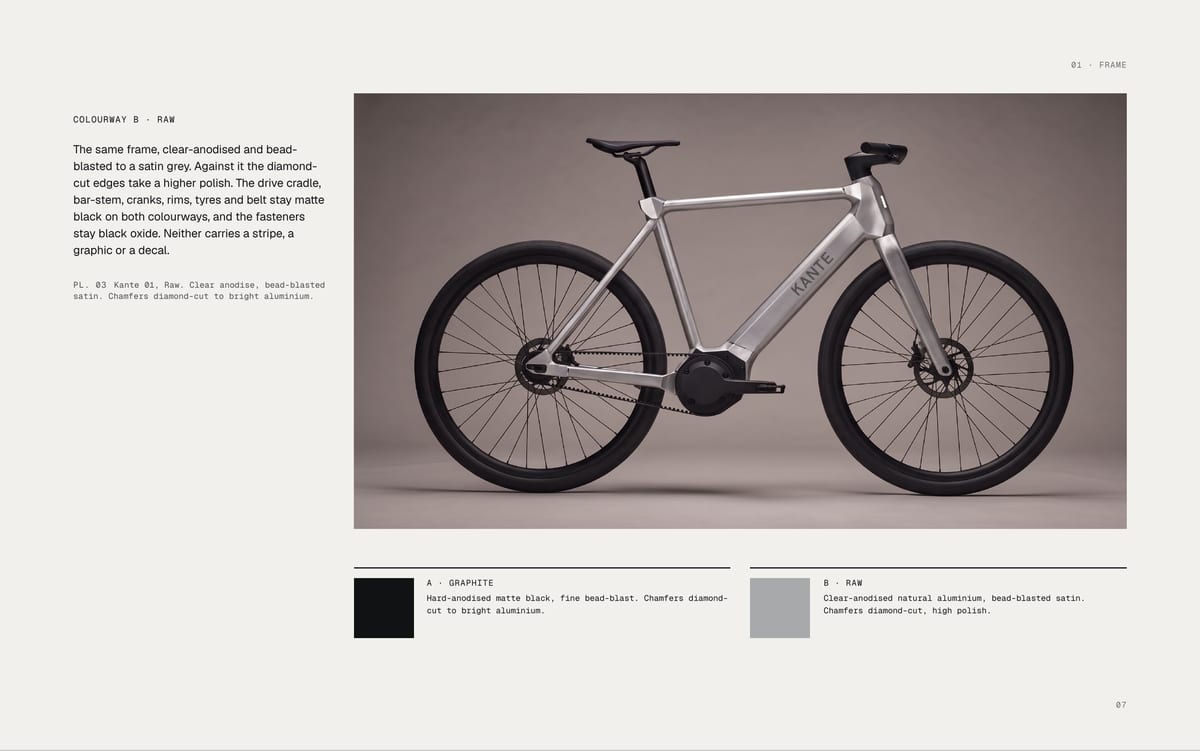 01 · FRAME COLOURWAY B · RAW The same frame, clear-anodised and beadblasted to a satin grey. Against it the diamondcut edges take a higher polish. The drive cradle, bar-stem, cranks, rims, tyres and belt stay matte black on both colourways, and the fasteners stay black oxide. Neither carries a…