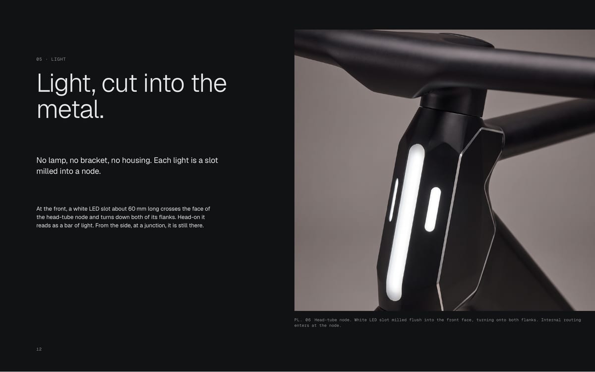 05 · LIGHT Light, cut into the metal. No lamp, no bracket, no housing. Each light is a slot milled into a node. At the front, a white LED slot about 60 mm long crosses the face of the head-tube node and turns down both of its flanks. Head-on it reads as a bar of light. From the side, at a junction,…