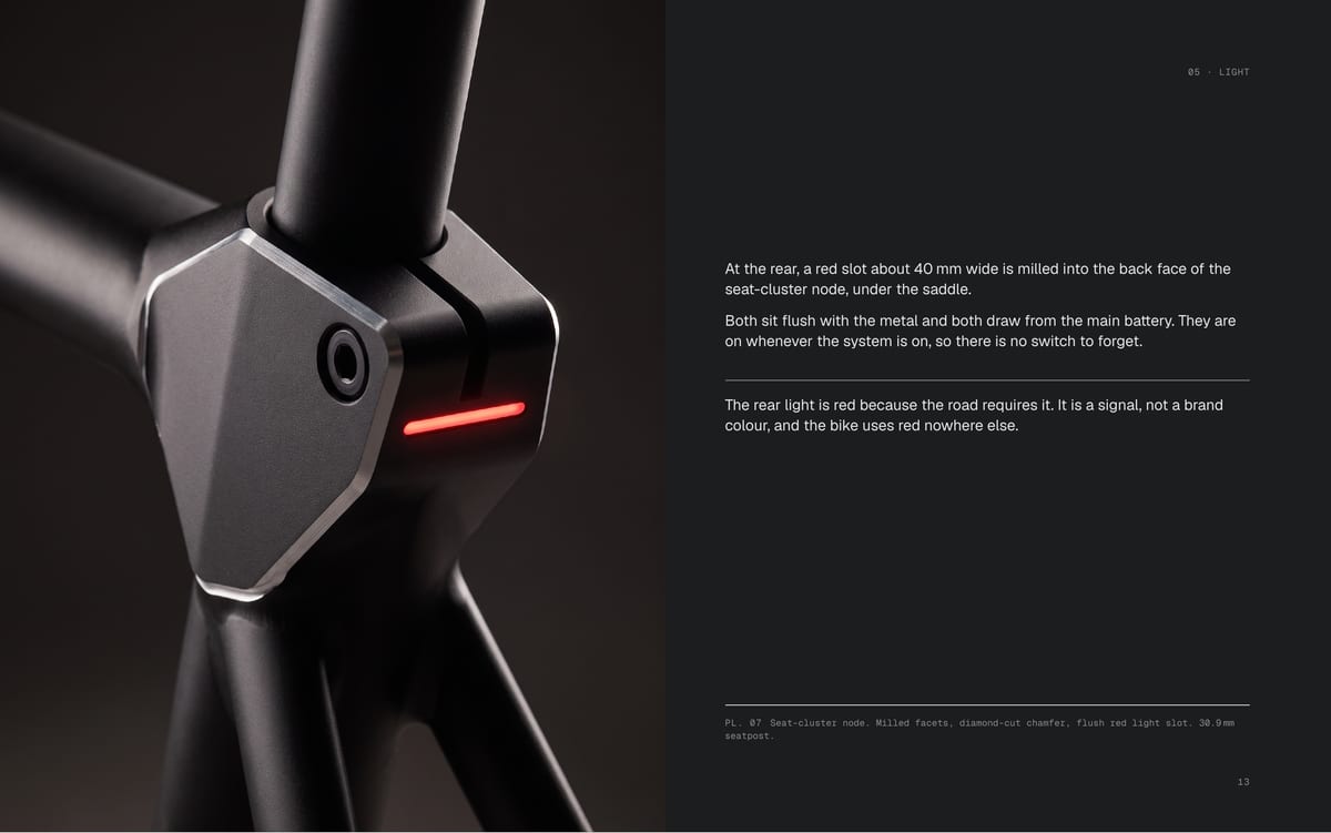 05 · LIGHT At the rear, a red slot about 40 mm wide is milled into the back face of the seat-cluster node, under the saddle. Both sit flush with the metal and both draw from the main battery. They are on whenever the system is on, so there is no switch to forget. The rear light is red because the…