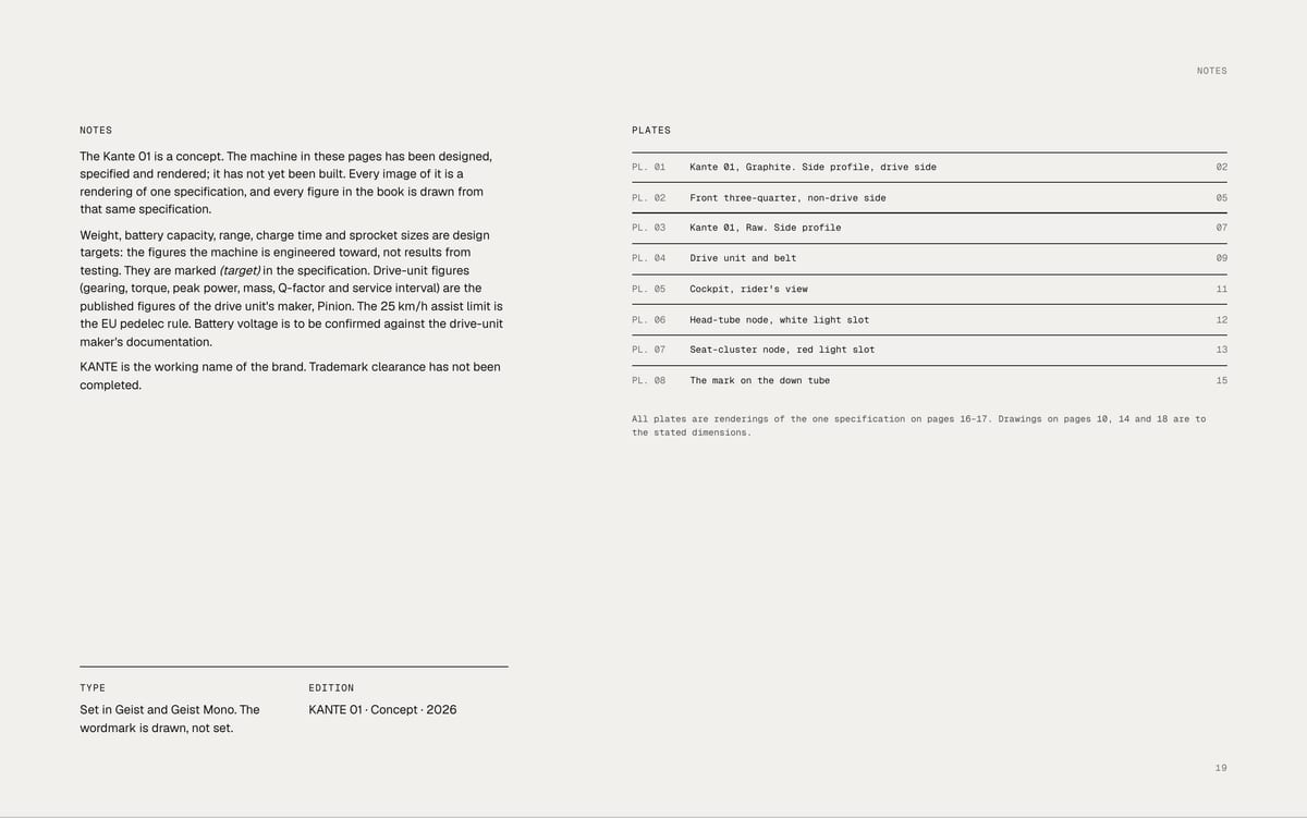 NOTES NOTES PLATES The Kante 01 is a concept. The machine in these pages has been designed, specified and rendered; it has not yet been built. Every image of it is a PL. 01 Kante 01, Graphite. Side profile, drive side 02 rendering of one specification, and every figure in the book is drawn from…