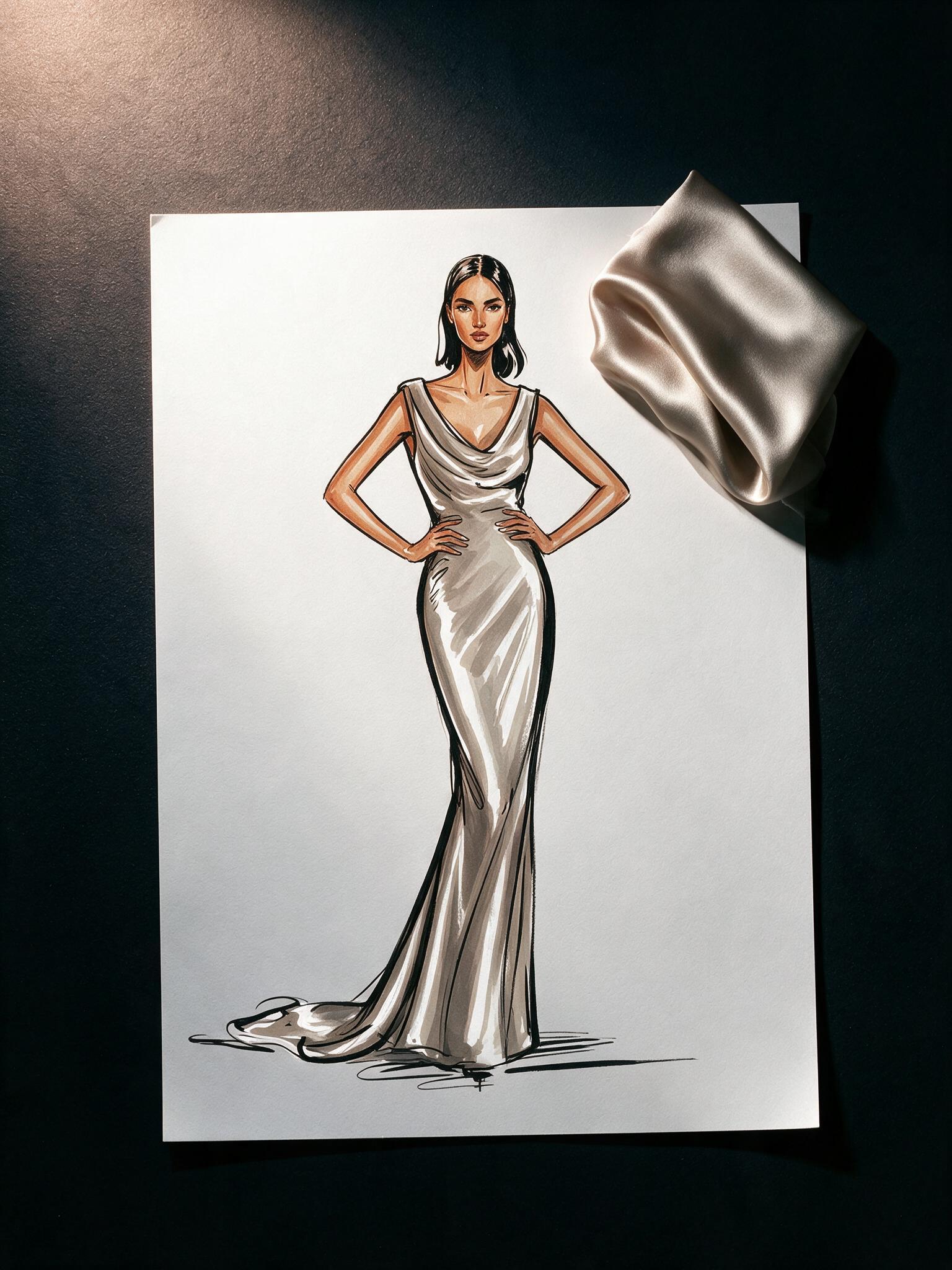 Fashion croquis of Look 01, Ondine — a liquid bias-cut oyster silk column gown, with an oyster silk charmeuse swatch