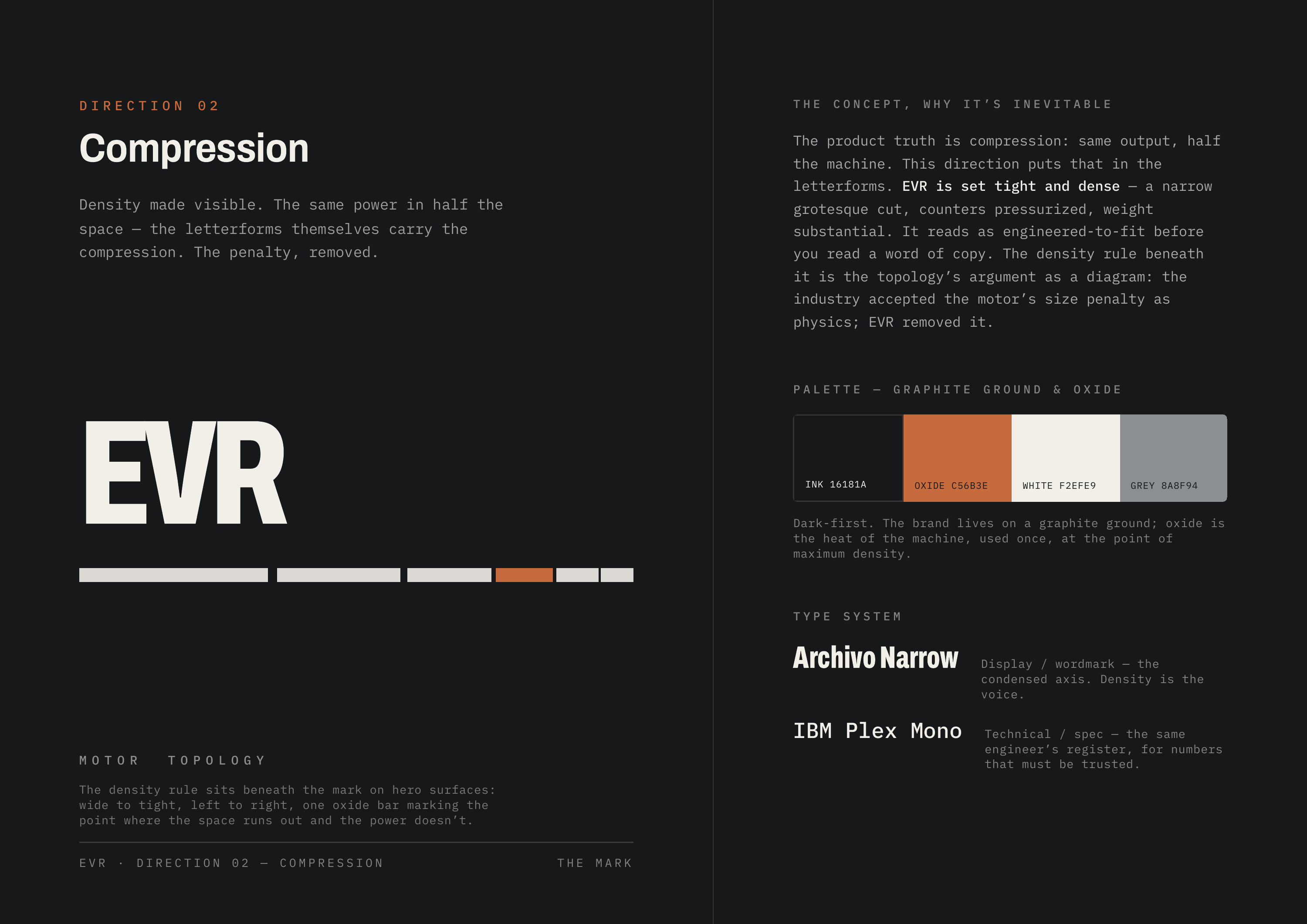 DIRECTION THE 02 CONCEPT, WHY IT’S INEVITABLE Compression The product truth is compression: same output, half Density made visible. The same power in half the grotesque cut, counters pressurized, weight the machine. This direction puts that in the letterforms. EVR is set tight and dense — a narrow…