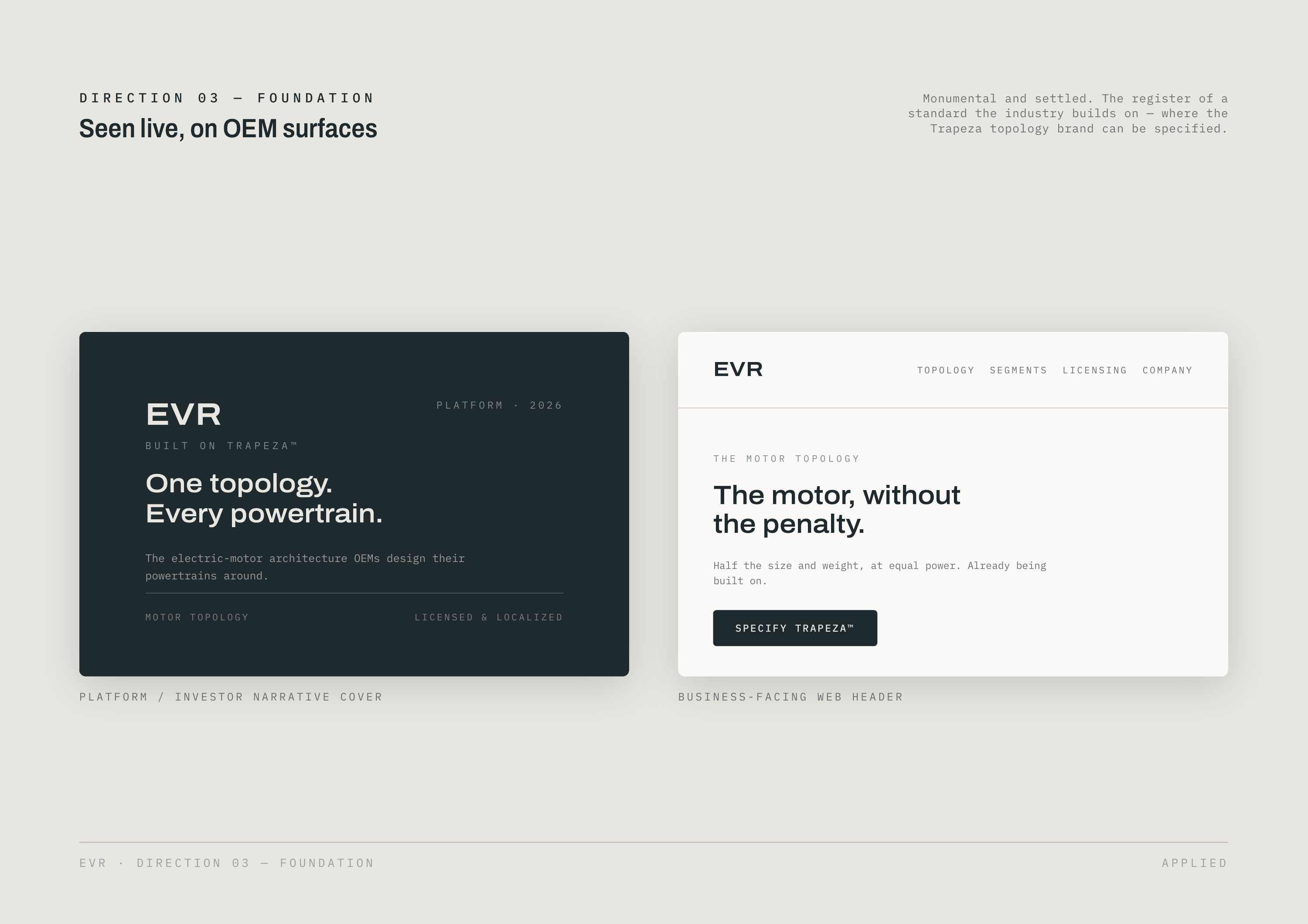 DIRECTION 03 — FOUNDATION Monumental and settled. The register of a standard the industry builds on — where the Trapeza topology brand can be specified. Seen live, on OEM surfaces EVR BUILT ON EVR PLATFORM · THE INVESTOR DIRECTION 03 LICENSED & LOCALIZED NARRATIVE — MOTOR TOPOLOGY Half the size and…