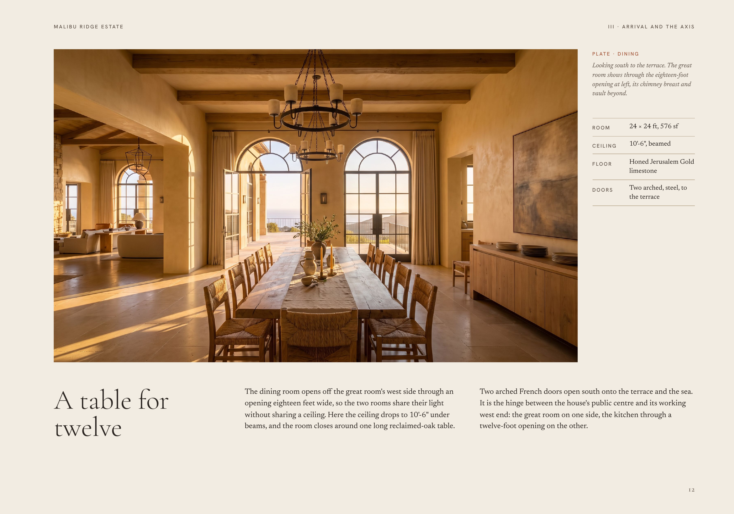 M A L I B U R I D G E E S TAT E I I I · A R R I VA L A N D T H E A X I S P L AT E · D I N I N G Looking south to the terrace. The great room shows through the eighteen-foot opening at left, its chimney breast and vault beyond. A table for twelve ROOM 24 × 24 ft, 576 sf CEILING 10'-6", beamed F LO O…